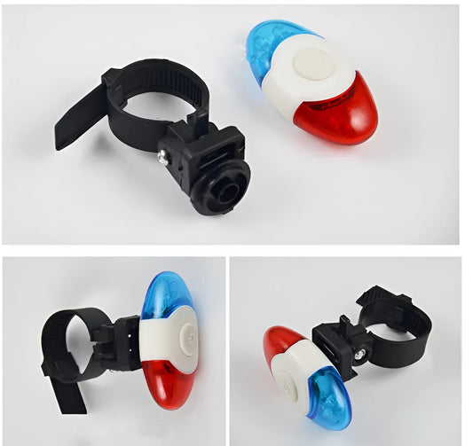 Red and blue LED bicycle tail light with adjustable mounting base showing horizontal and vertical positioning options