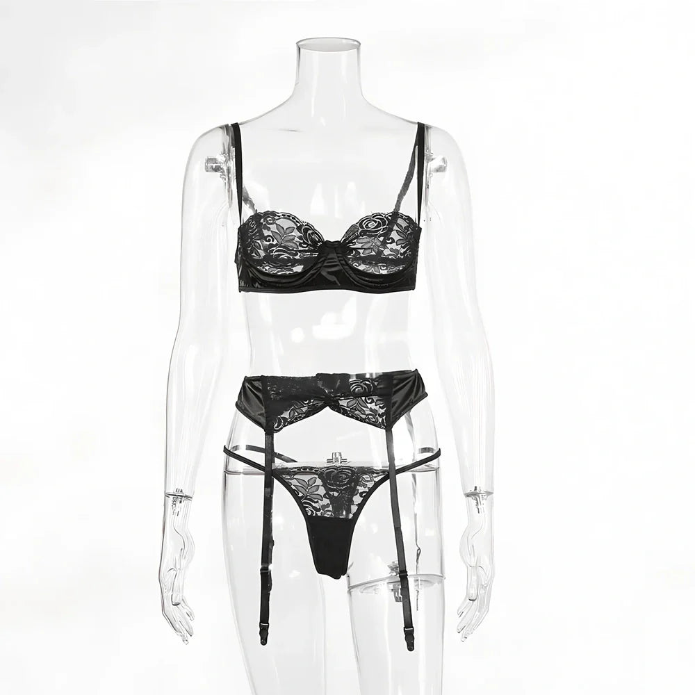Black and white lace lingerie set with three-quarter cup design on mannequin