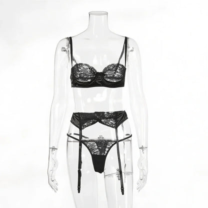 Black and white lace lingerie set with three-quarter cup design on mannequin