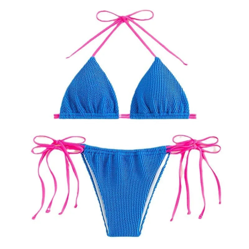 Women's black lace-up nylon bikini set for swimming.