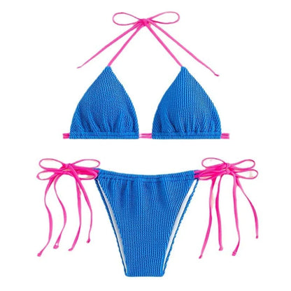 Women's black lace-up nylon bikini set for swimming.