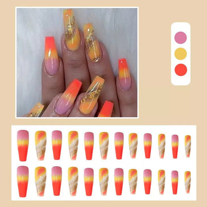 Rainbow gradient fake nails with marble pattern, long and pointed design