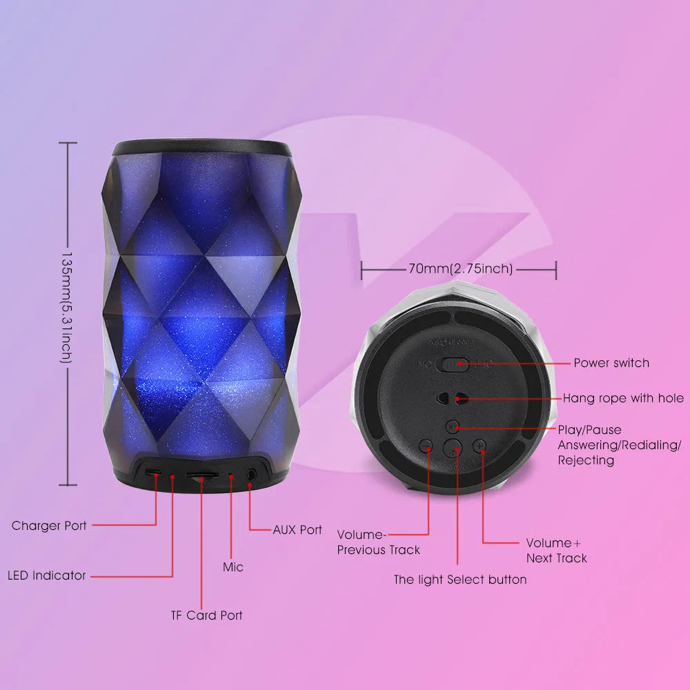 Black crystal diamond-cut Coke can shaped Bluetooth speaker with colourful starry sky LED lighting.
