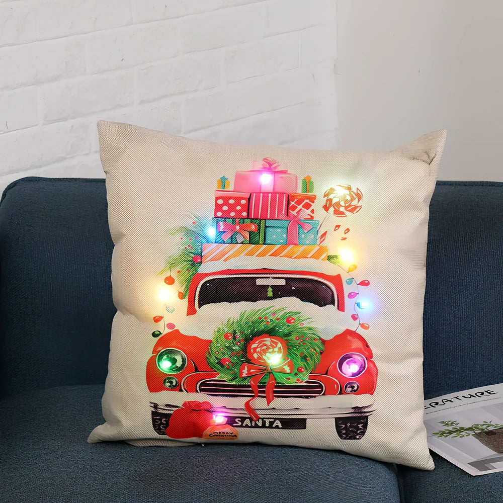 45cm square Christmas cushion with linen cover and battery-operated lighting showing festive design