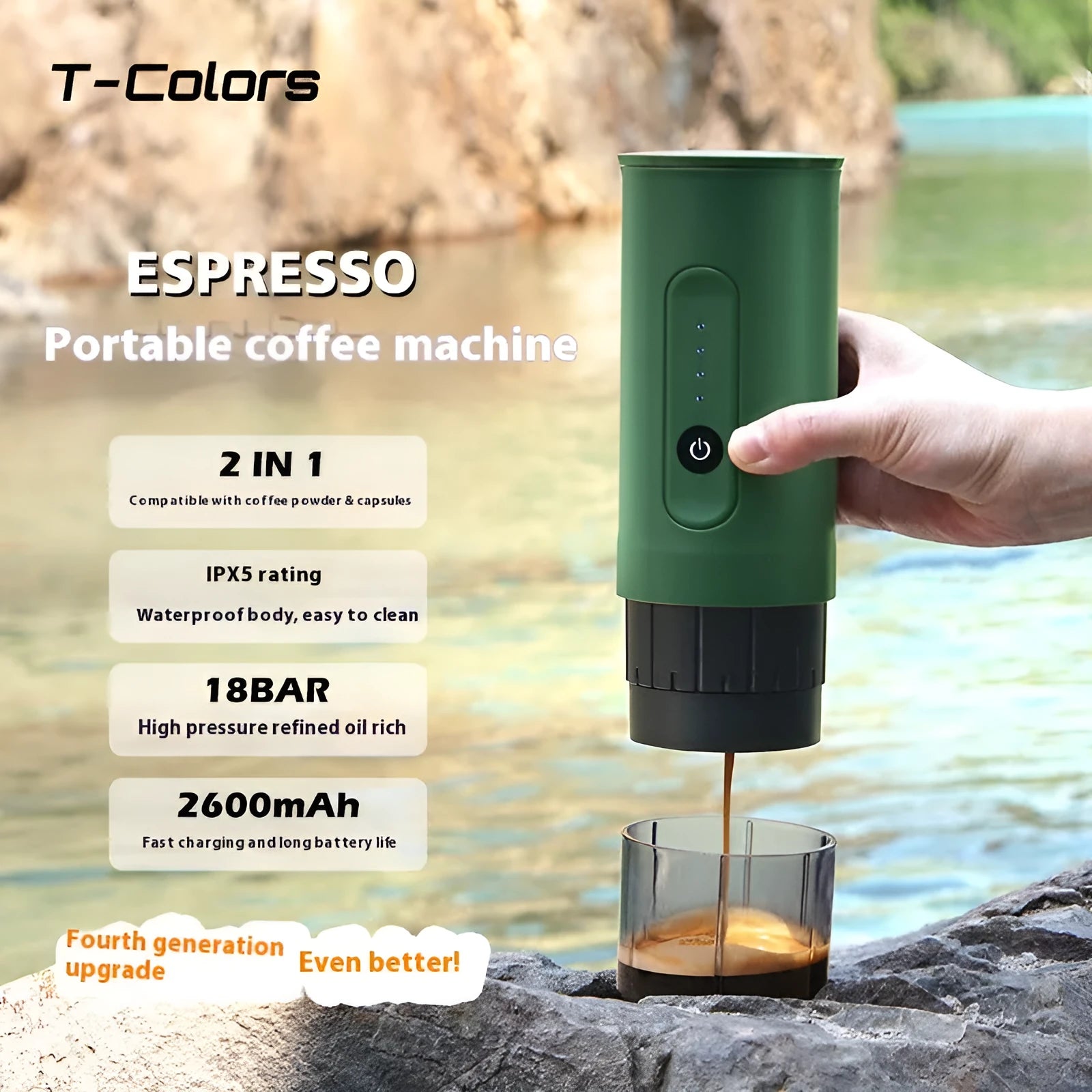 Portable stainless steel coffee machine with car charger cable in moonlight white colour