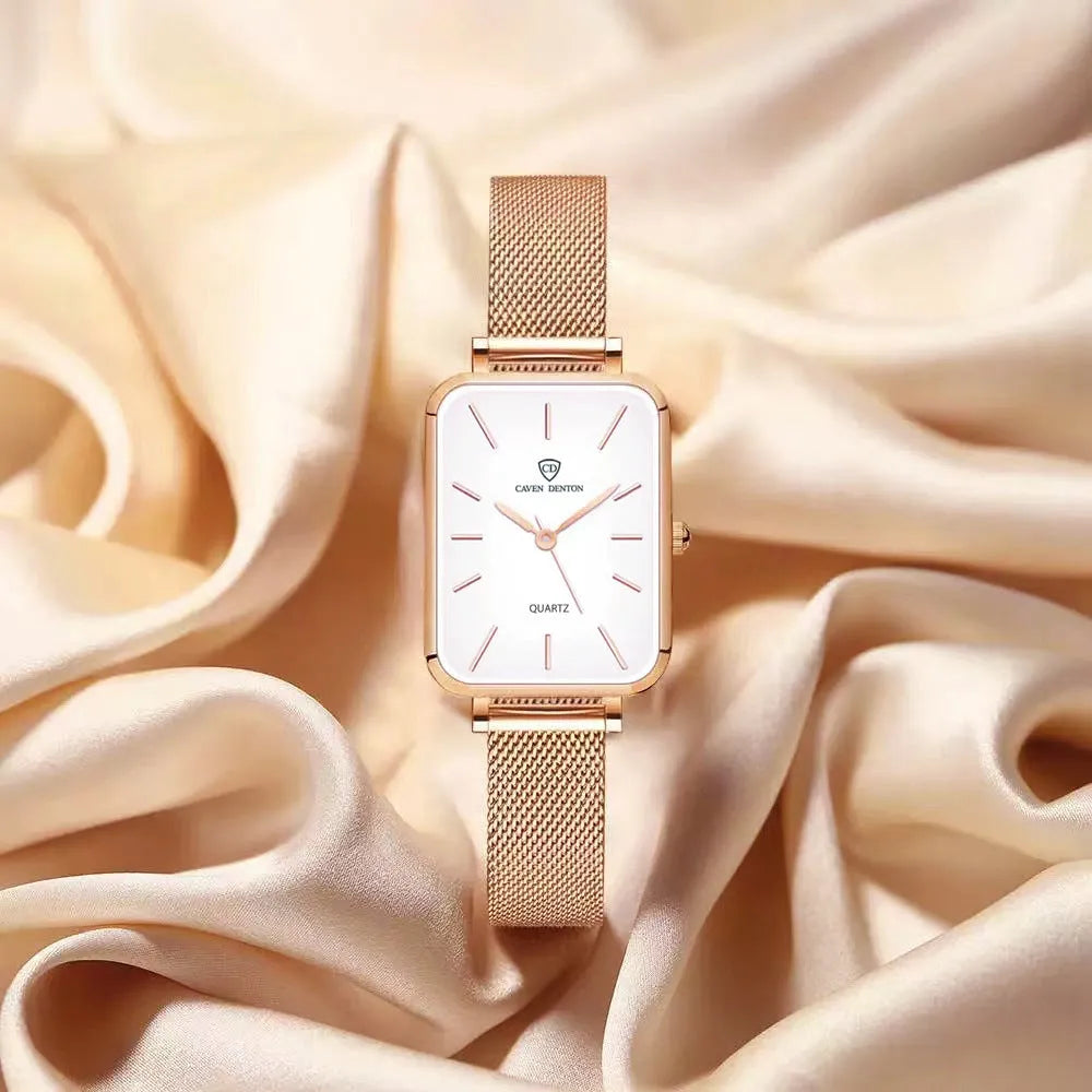 Women's waterproof quartz watch with rose gold alloy case and woven steel strap on wrist