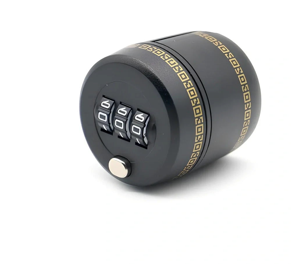 Black plastic wine stopper with 3-digit combination lock and silver button, 43mm size