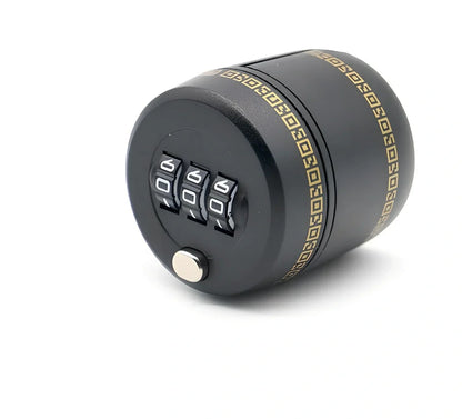 Black plastic wine stopper with 3-digit combination lock and silver button, 43mm size