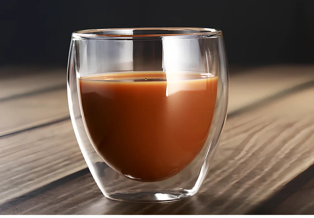 Clear double-layer glass coffee cup with Chinese-style design showing insulating air gap between walls
