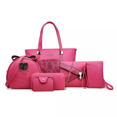 Women's stylish shoulder bag with zipper closure and multiple pockets in light gray, black, off-white, and rose red.