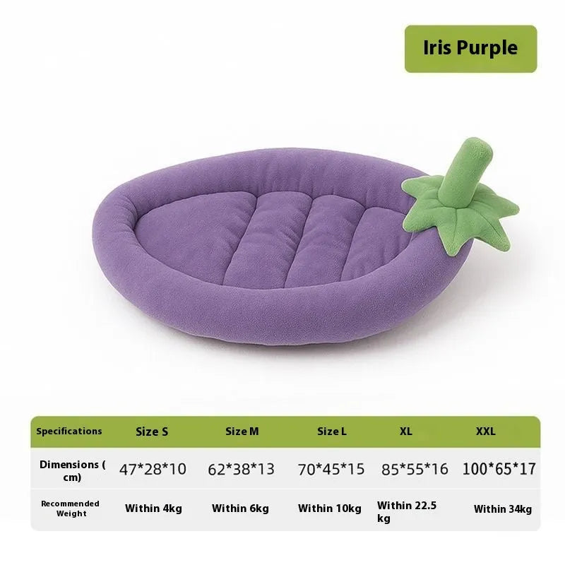 Dog mat with removable cloth cover in brown, gray, orange, or purple, showing size options for small to large dogs.