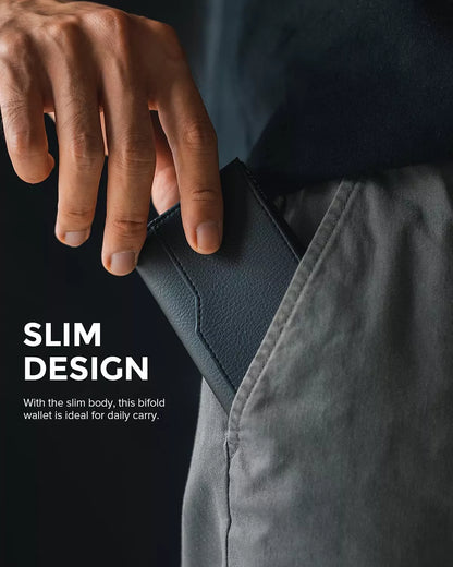 Leather credit card case with RFID blocking and double ID window in Black, Yellow Brown, Carbon Fiber Black, and Deep Coffee