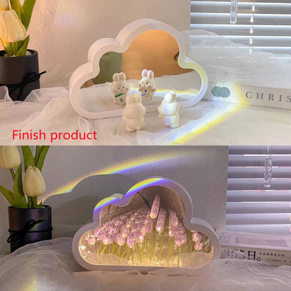 DIY tulip-shaped night lamp kit with LED lights and mirror surface in assorted colours on a desk.