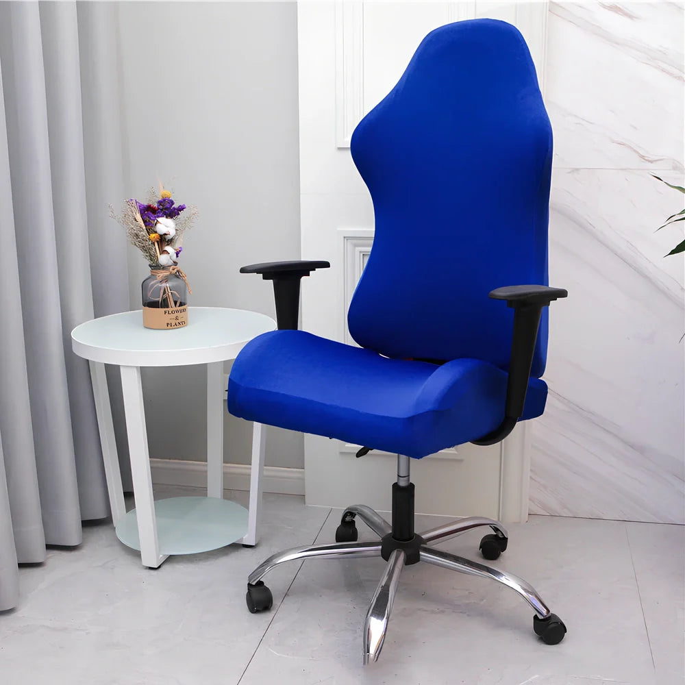 Stretch fabric gaming chair cover in navy blue colour on swivel chair