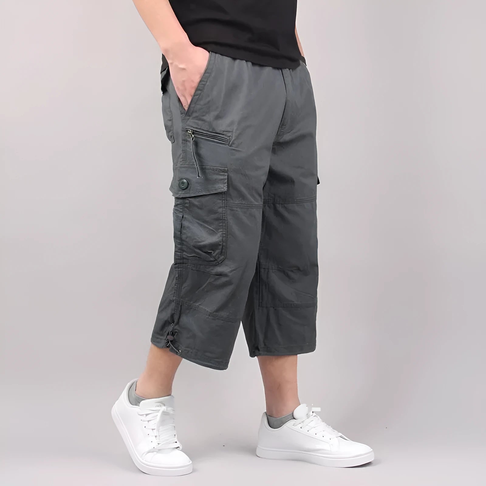 Men's cotton cropped casual pants in loose fit showing khaki colour option