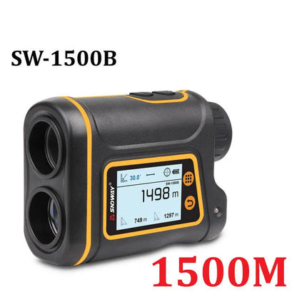 Outdoor handheld golf rangefinder with 1500m range, compact design, and display showing distance measurement
