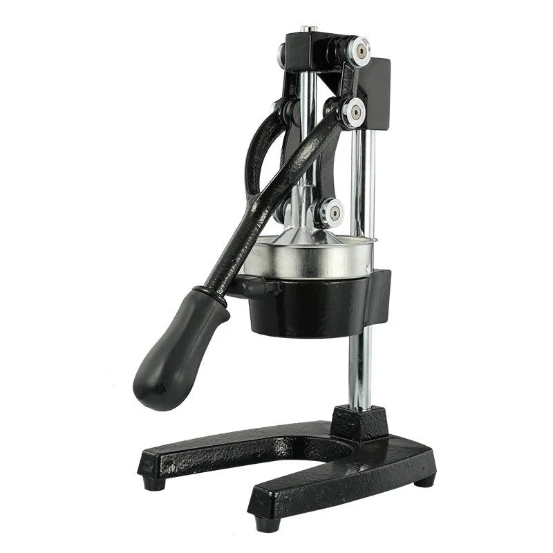 Black manual cast iron juicer with stainless steel strainer, 40cm height, on kitchen counter