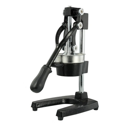 Black manual cast iron juicer with stainless steel strainer, 40cm height, on kitchen counter