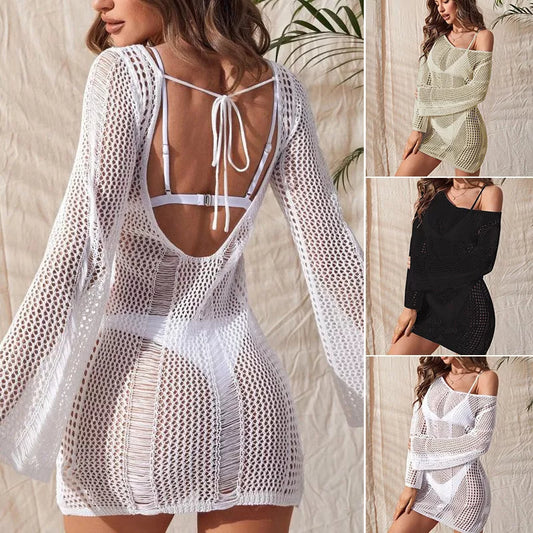 Women's knitted hollow backless long sleeve bikini swimsuit blouse in white, black, and apricot