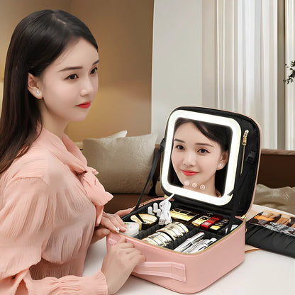 Portable black PU makeup storage bag with integrated LED mirror and USB cable connection