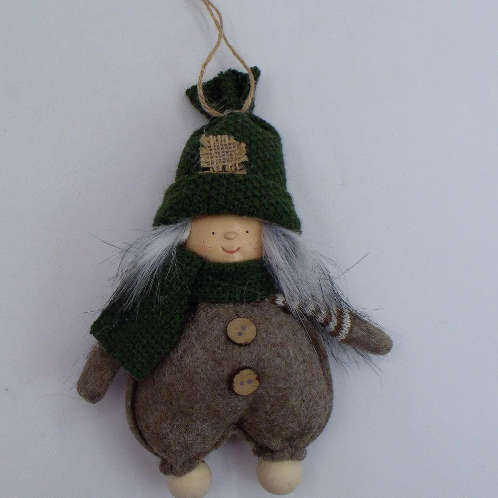 Christmas Easter fabric plush doll in dark brown with green clothing and red hat showing two size options