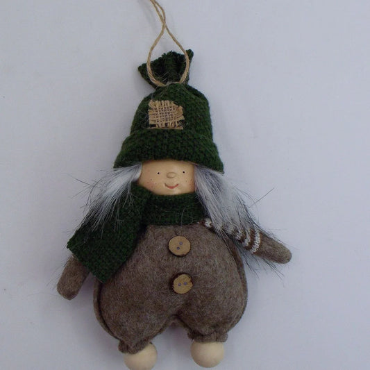 Christmas Easter fabric plush doll in dark brown with green clothing and red hat showing two size options