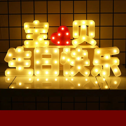 Plastic LED alphabet letter light spelling a message for a birthday or proposal.