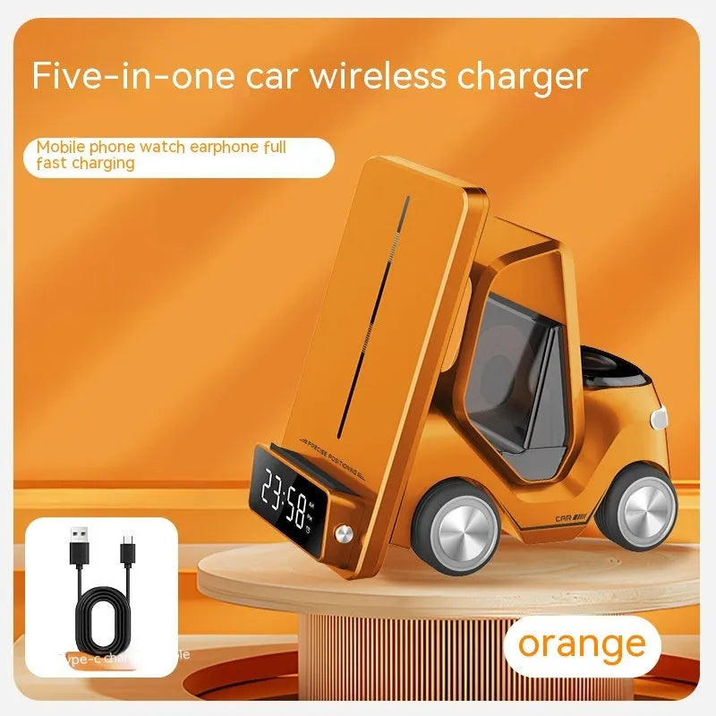 15W three-device wireless charging bracket in grey, white, yellow, or orange with compact 150x146x75mm dimensions