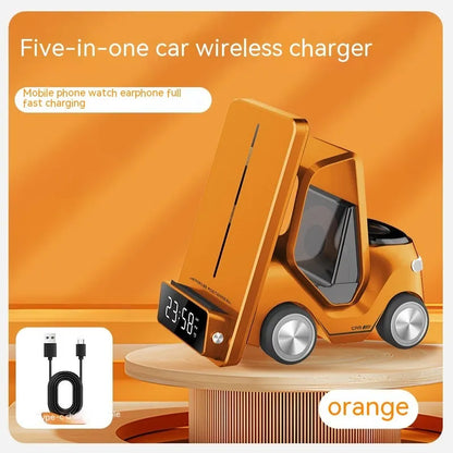 15W three-device wireless charging bracket in grey, white, yellow, or orange with compact 150x146x75mm dimensions