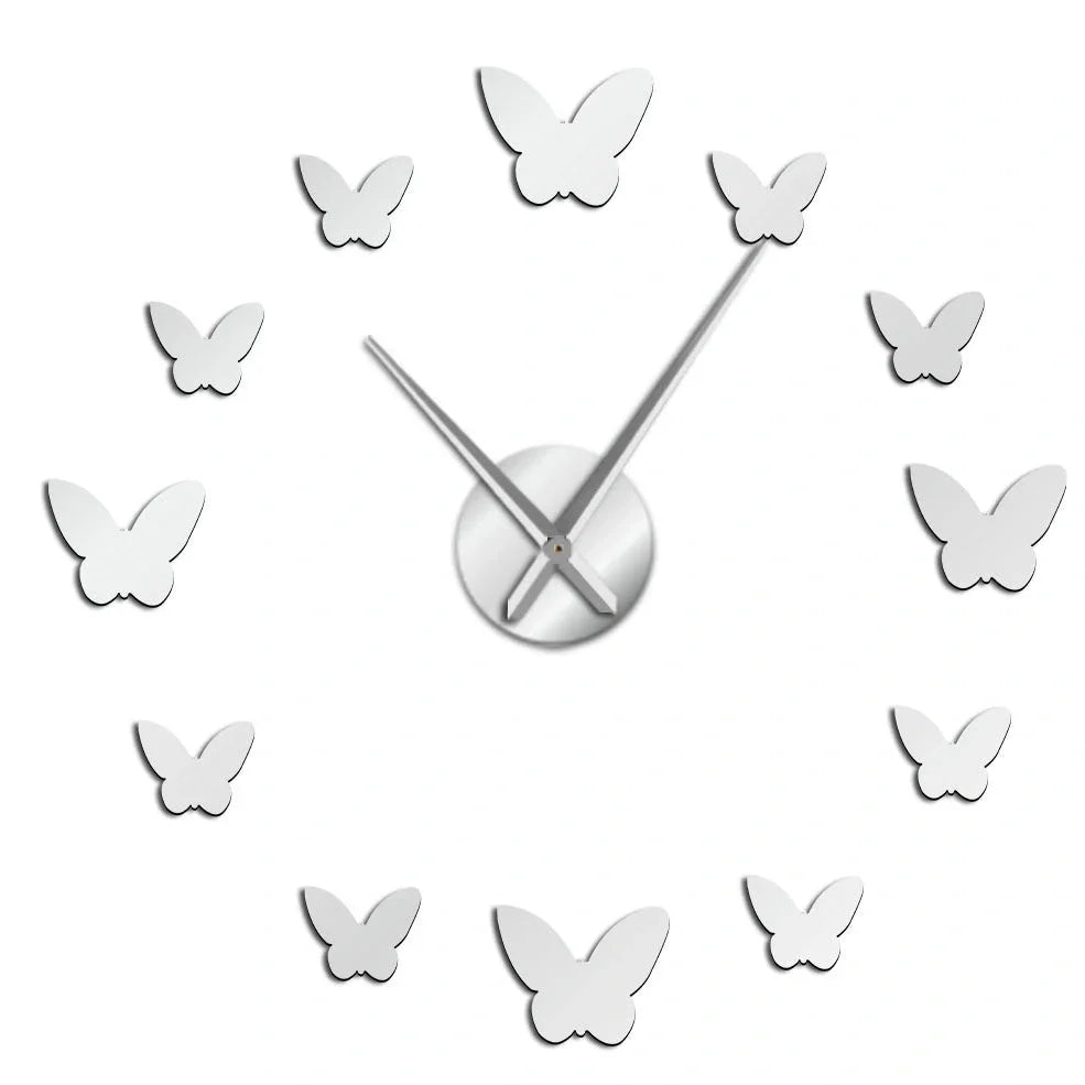 Scandinavian 3D butterfly mirror wall clock in round black gold or silver for living room bedroom decor