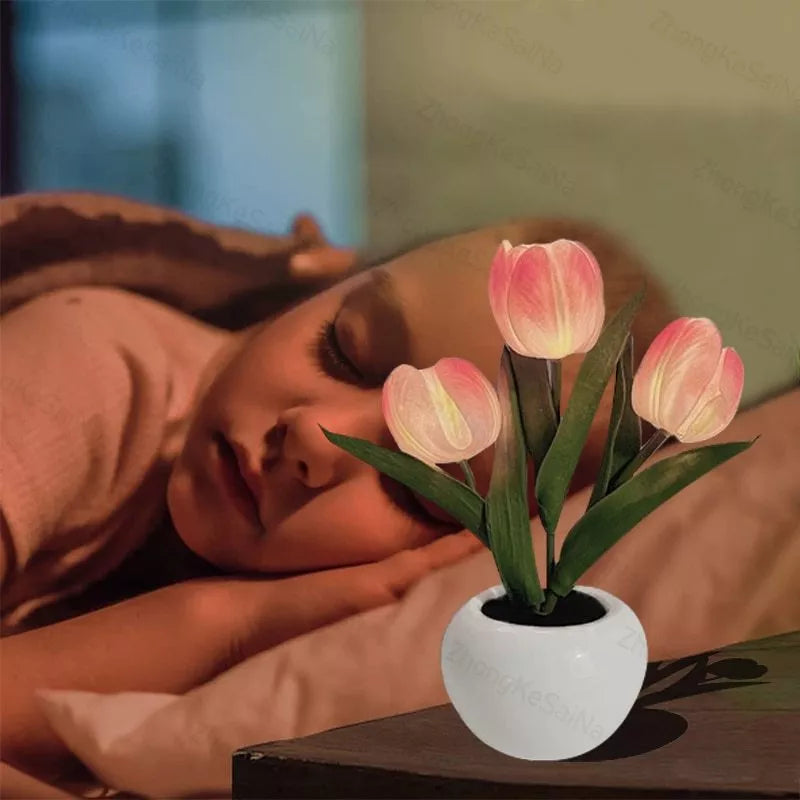 LED Tulip Night Light in ceramic pot with warm glow for home decoration
