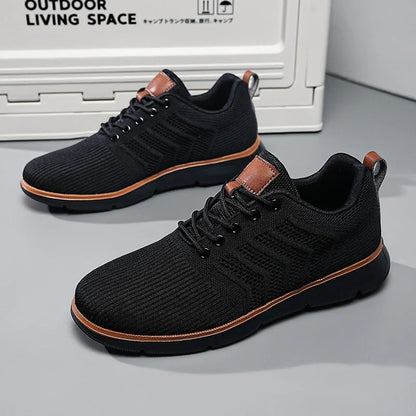Men's black lace-up mesh sneakers with woven detail for casual and sports wear