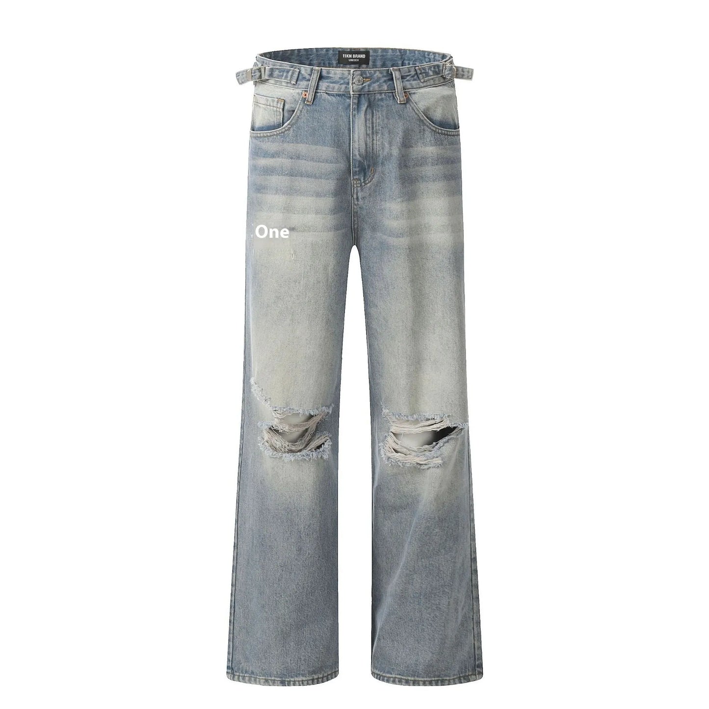Blue straight-leg cotton-blend jeans with zipper fly closure showing five size options
