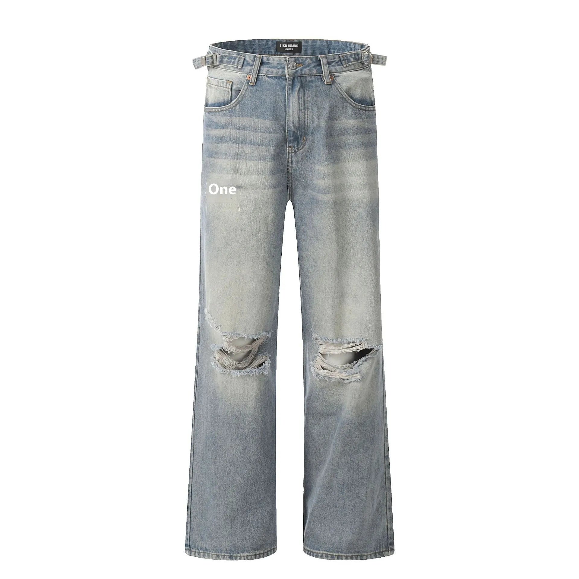 Blue straight-leg cotton-blend jeans with zipper fly closure showing five size options