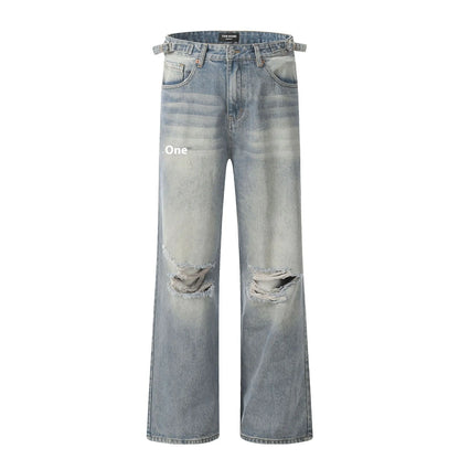 Blue straight-leg cotton-blend jeans with zipper fly closure showing five size options