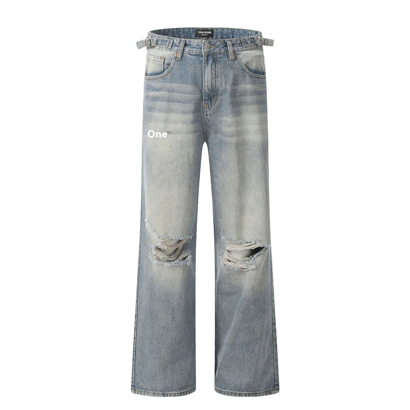 American Retro Summer Ripped Jeans with Adjustable Straight-Leg Fit: Cotton-Blend Fabric, Zipper Fly, and Five Sizes for Four-Season Wear