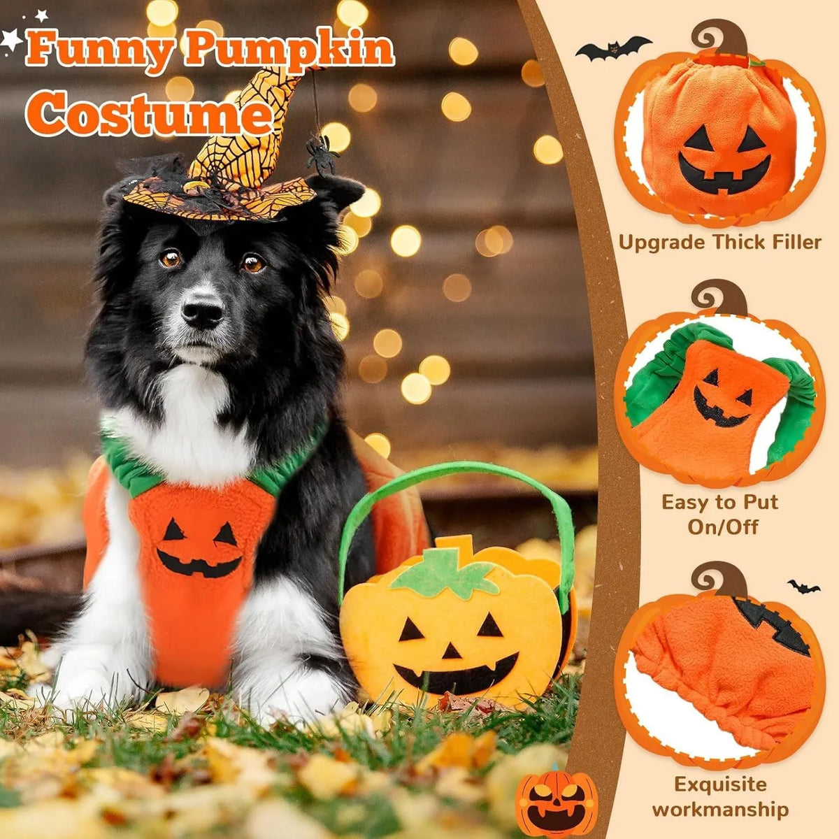 Orange pumpkin plush Halloween costume for a small dog showing pullover design and soft texture.