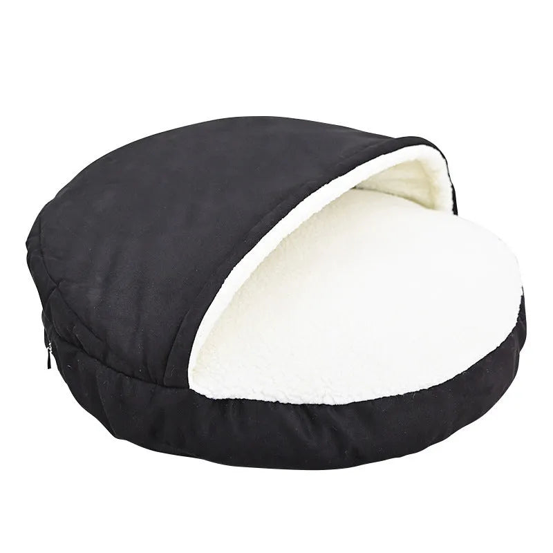 Brown removable cloth dog kennel with washable cover shown beside grey version, both in S and M sizes