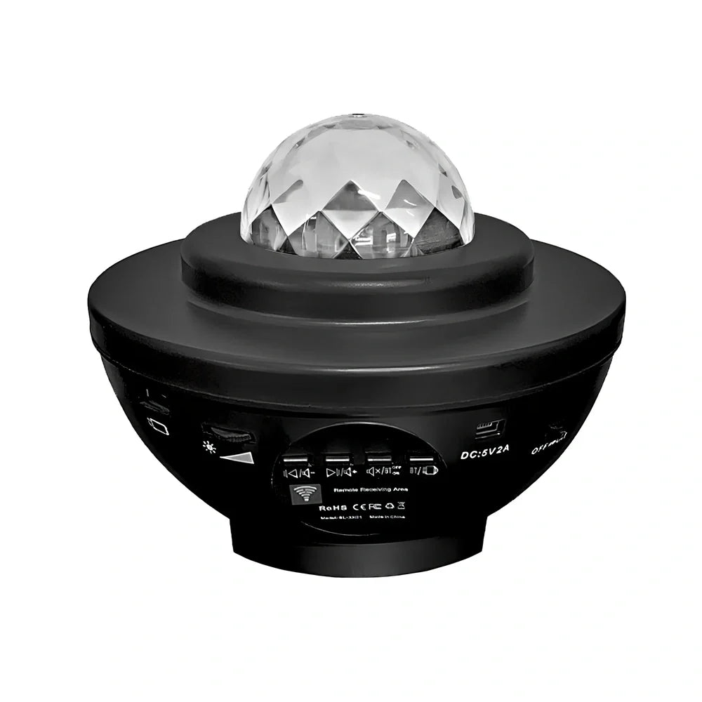 Black Bluetooth music laser projector light with remote control showing compact 160mm dimensions