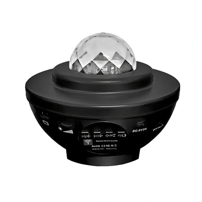 Black Bluetooth music laser projector light with remote control showing compact 160mm dimensions