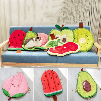 Ice Silk Pet Cooling Mat in various summer fruit designs, perfect for keeping your pet cool and comfortable during the summer.