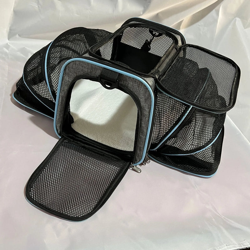 Cat bag in 600D cation fabric with large capacity for transporting pets, available in small and large sizes with colour options including black, grey blue edge, and grey green edge.