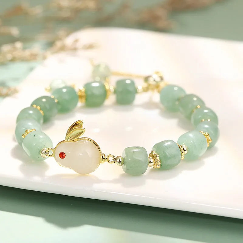 Rabbit charm bracelet with natural gemstone beads in green aventurine or strawberry quartz options