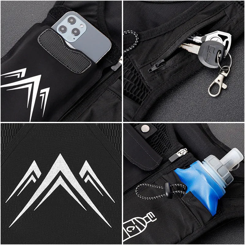Black breathable mesh running vest with an integrated front pocket for a mobile phone.