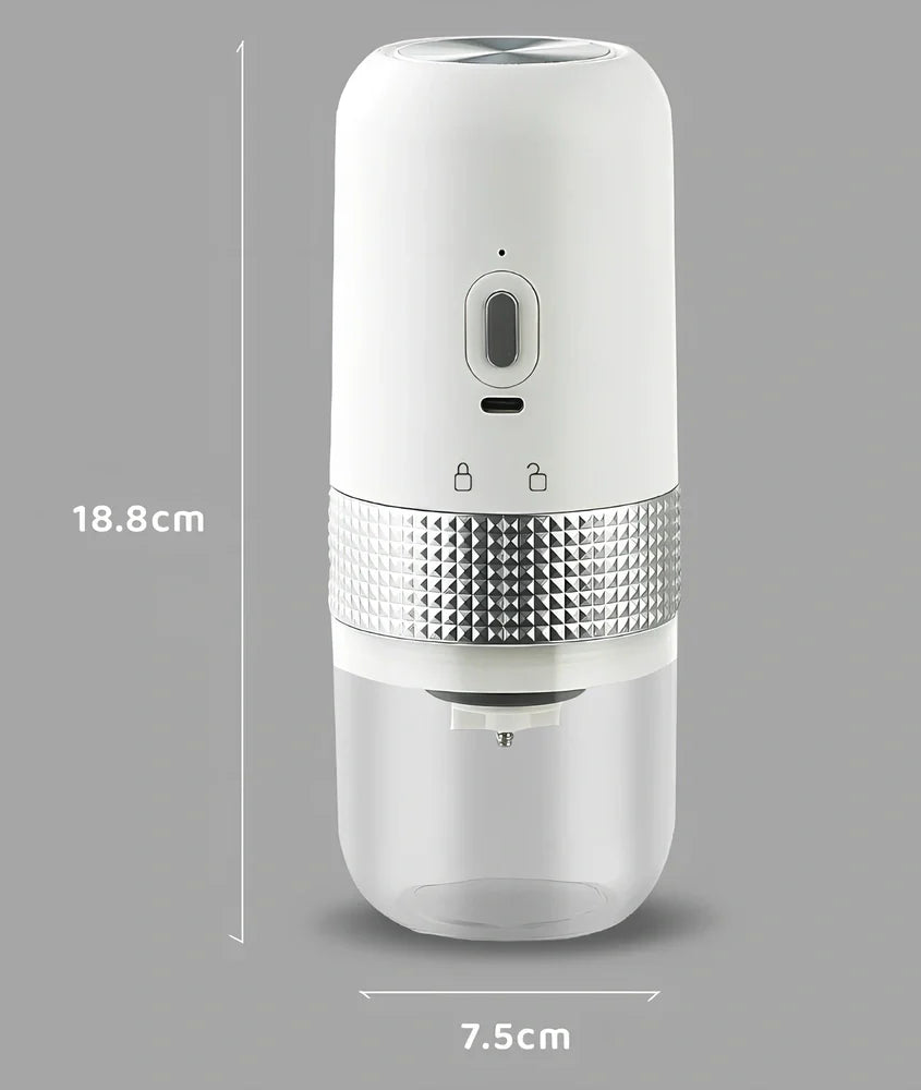 Electric coffee grinder in bright yellow, calm grey, elegant black, or elegant white with 25g bean capacity and TYPE-C charging port