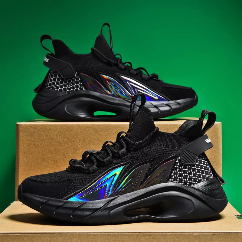 Men's Ultralight Flying Woven Breathable Sequin Lace-up Shoes in Black, White moon, and Black orange