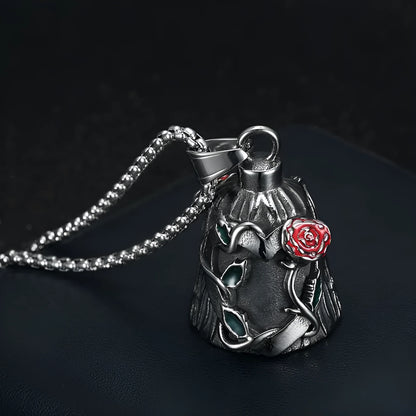 Polished titanium steel motorcycle bell with a red rose sealed under clear epoxy on both sides