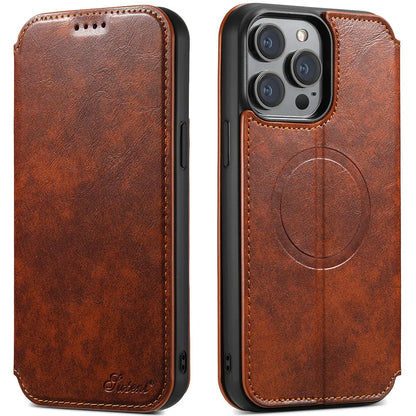 Magnetic leather iPhone case with bracket and card slot, PU TPU, Black Blue Brown Khaki, for iPhone 12 to 15 Pro Max