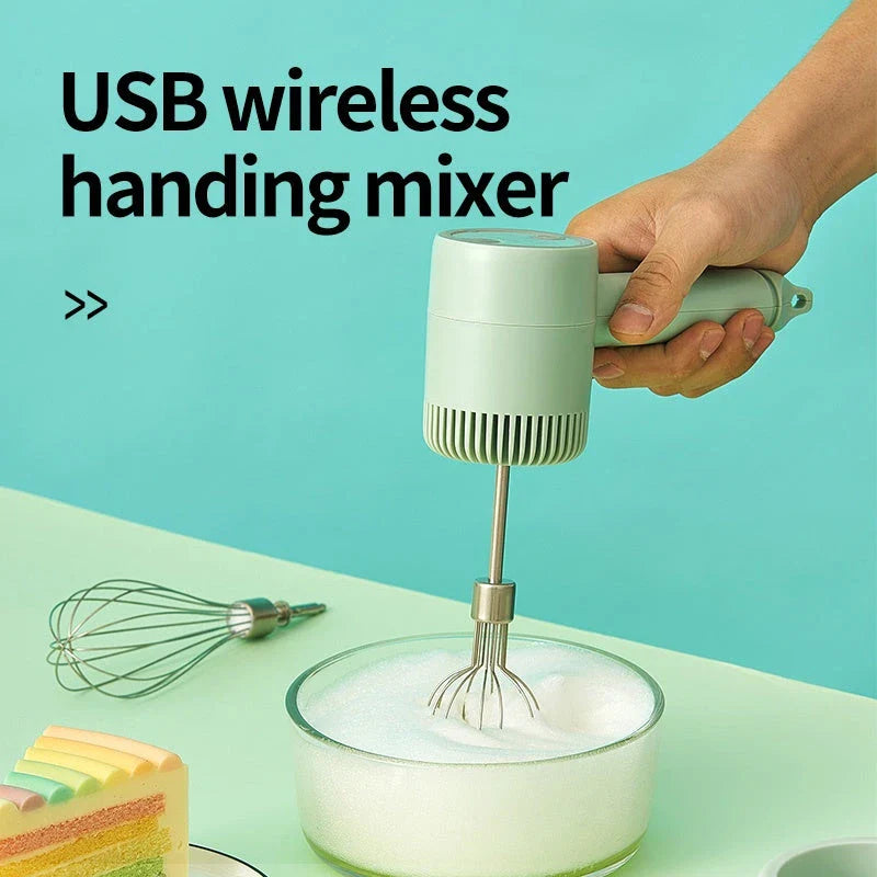 Cordless Electric Hand Mixer with 3-speed settings, rechargeable design, and whisk and egg beater attachments for baking