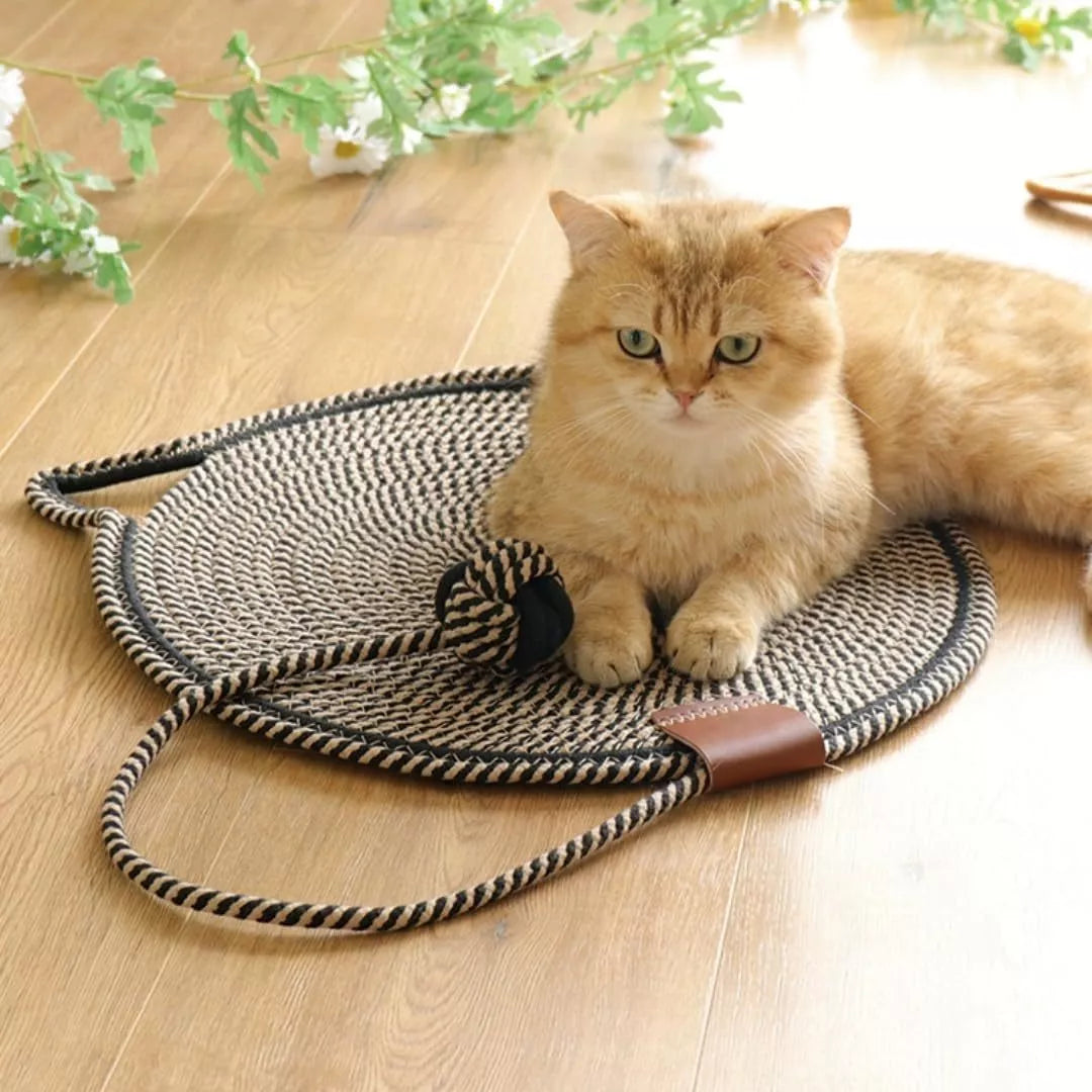 Braided cotton rope cat claw mat with integrated toy ball in various colors